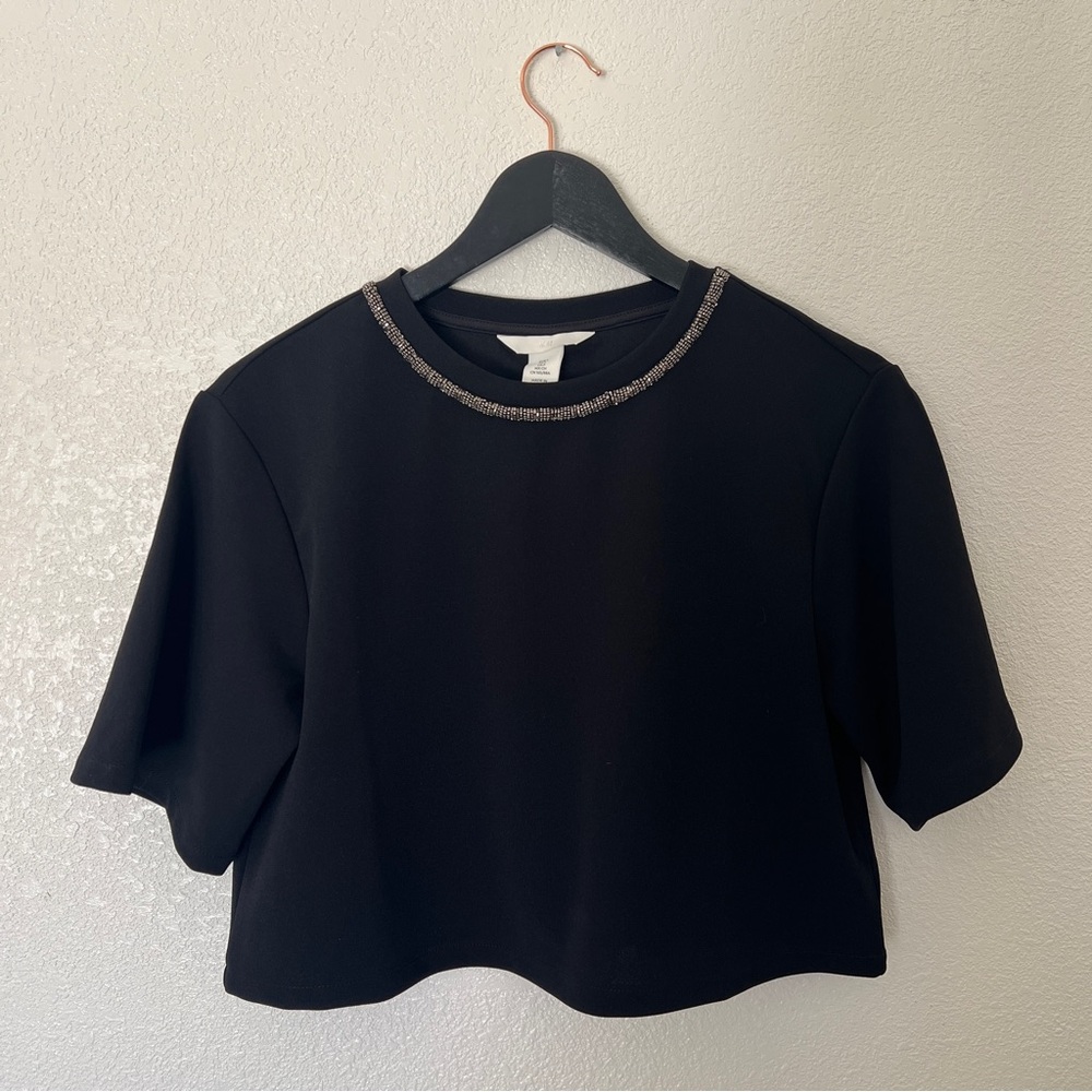 H&M Oversized Black Crop Top with Beaded Neckline